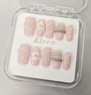 Pink Glitter Floral Short Square Handmade Press On Nails Set With Pearl